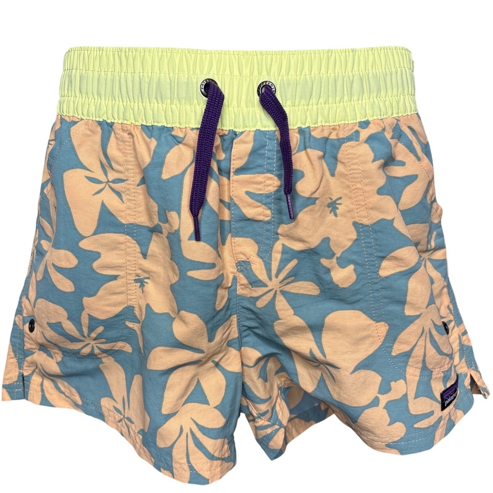 PATAGONIA Girls Blue Peach Hibiscus Floral Baggies Swim Shorts XXL Surf Beachy
